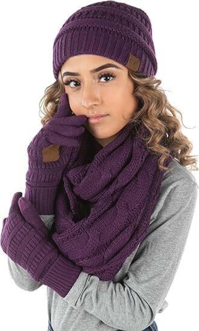 9658 Matching 3 Pack Beanie, Glove, & Scarf Bundle: Purple